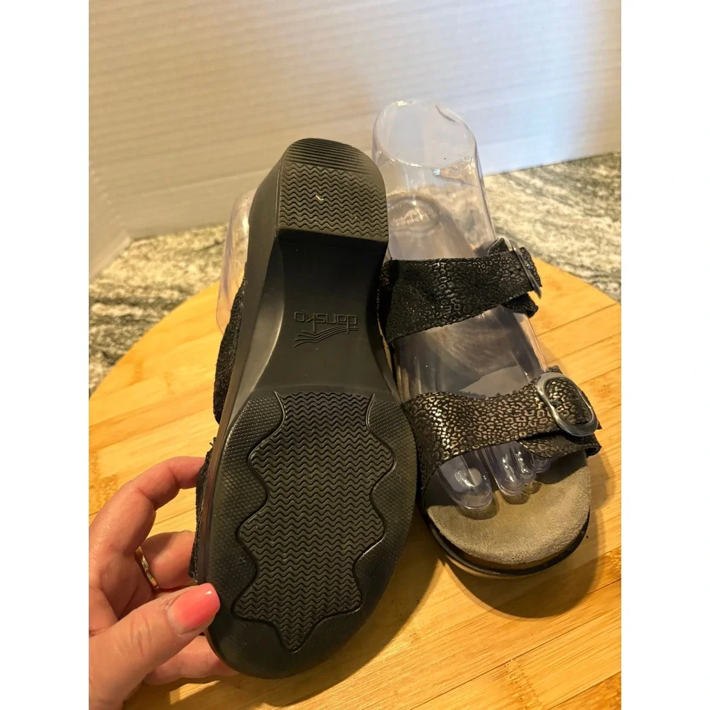 Dansko Womens Black Metallic Leopard Print Leather Wedge Slide Sandals Buckle